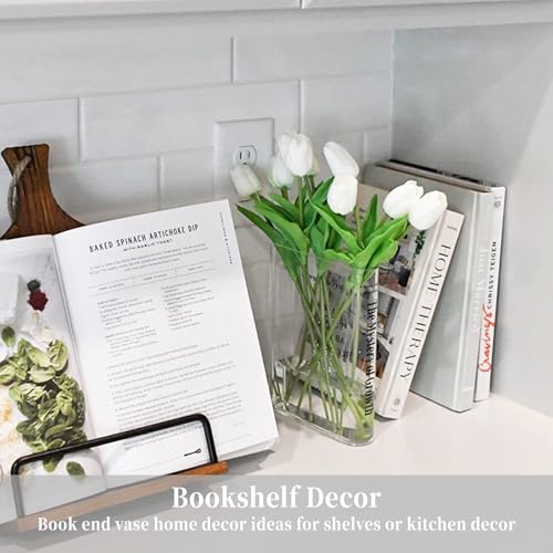 Puransen Clear Book Flower Vase - Floral Bookshelf Decor, Acrylic Flower Holder & Space-Saving Organizer, Modern Home Office/Study Desk Minimalist Aesthetic (Not Including Flowers)