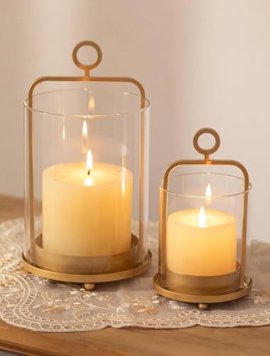 NUPTIO Gold Lanterns Set of 2 Hurricane Glass Candle Holders for Pillars