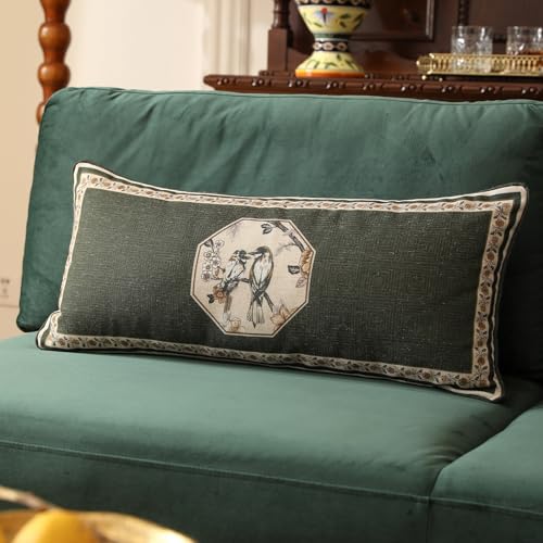 ISAENNE Design Linen Chinoiserie Lumbar Throw Pillow Covers 12"x28", Farmhouse Cushion Covers with Yellow Floral Birds Pattern Decoration Pillowcases for Bed,Living Room,Outdoor,Car