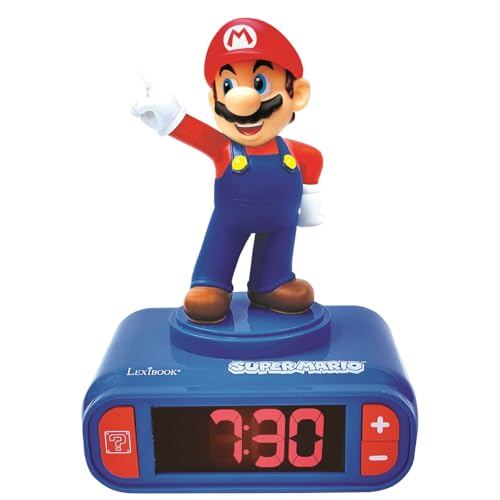 LEXiBOOK, Super Mario, Mario Nightlight Alarm Clock, Sounds and Melodies, LCD Backlit Screen, Luminous, Snooze, Red/Blue, RL800NI