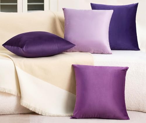 Throw Pillow Covers Set of 4 - 18x18 Velvet Sofa Pillow Covers for Living Room & Bed (Purple)