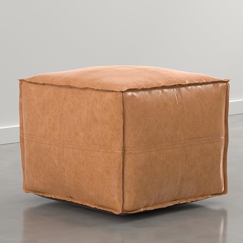 SIMPLIHOME Brody 18" Wide Vegan Leather Square Pouf in Distressed Camel