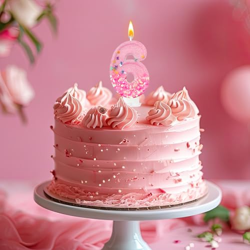 Pink Sequin Birthday Candles, Cake Number Candles, Girls 0th Birthday Decorations, Suitable for Birthday Parties, Anniversary Party Decorations(6)