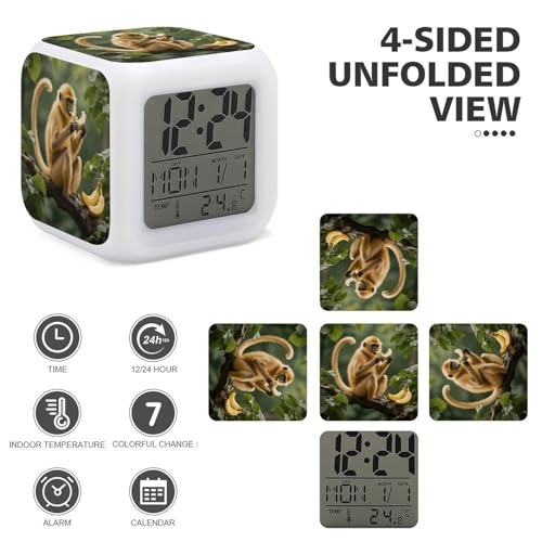 Golden Monkey 7 Color Changing Alarm Clock Adults Cube Digital Night Light with Calendar Temperature Display Wake Up LED Alarm Clock for Bedroom Office Bedside Desk
