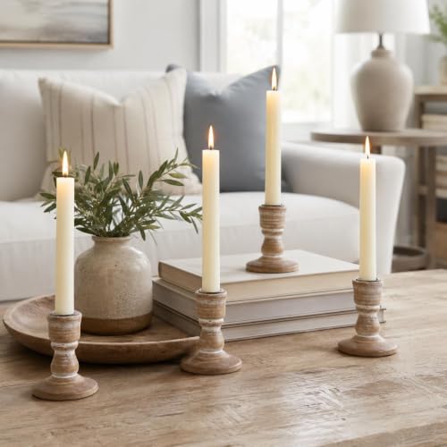 Wooden Taper Candle Holders: Rustic Farmhouse Decor, Set of 4