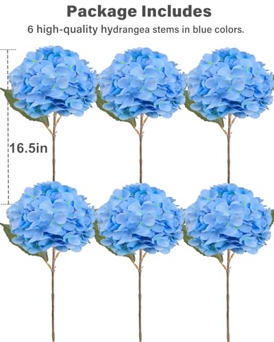 6PCS Premium Blue Silk Hydrangea Artificial Flowers Bouquets - Realistic Fake Hydrangea with Stems, Faux Flower Arrangement for Home Wedding Party Baby Shower Table Centerpieces Decoration