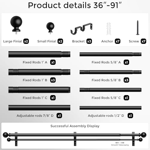 Double Curtain Rod 36-91 Inch, Black Dual Curtain Rods for Windows, 1 Inch Decorative Adjustable Heavy Duty Telescopic Spliced Window Treatment Rods Set for Bedroom Living Room Farmhouse