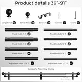 Double Curtain Rod 36-91 Inch, Black Dual Curtain Rods for Windows, 1 Inch Decorative Adjustable Heavy Duty Telescopic Spliced Window Treatment Rods Set for Bedroom Living Room Farmhouse