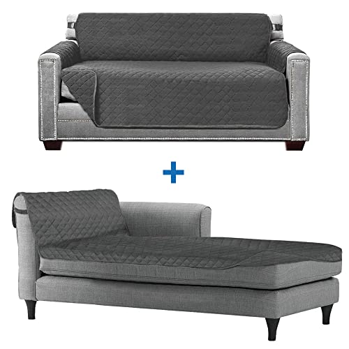 Sofa Shield Loveseat and Chaise Furniture Protectors, Both in Charcoal/Charcoal, Loveseat for Seat Width up to 54", Chaise for Seat Width up to 34", Reversible, Washable, 2 Item Bundle