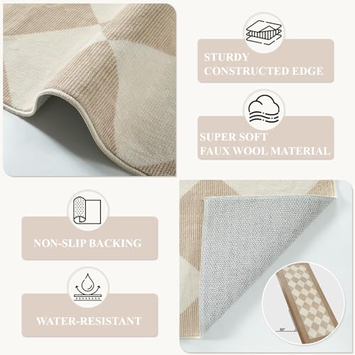 Checkered Print Rug Runners for Hallways Non Slip 2.5x8, Ultra Thin Beige Kitchen Runner Rugs Non Skid Washable, Classic Neutral Gingham Decor Faux Wool Carpet for Bathroom Bedroom Entryway