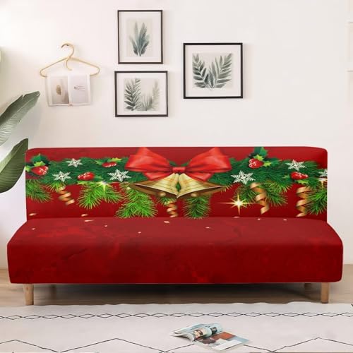 Christmas Jingle Bell Bow Tie Armless Sofa Slipcovers Futon Cover Stretch Fabric Sofa Couch Bed Covers Furniture Protectorfor Kids Pets Dog and Cat