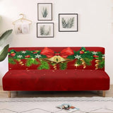 Christmas Jingle Bell Bow Tie Armless Sofa Slipcovers Futon Cover Stretch Fabric Sofa Couch Bed Covers Furniture Protectorfor Kids Pets Dog and Cat