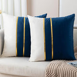ZLINA Set of 2 Velvet Decorative Throw Pillow Covers Navy Blue White Patchwork with Gold Leather Pillow Covers 18 × 18 Inch Cushion Covers Decor Living Room Sofa Bedroom Car