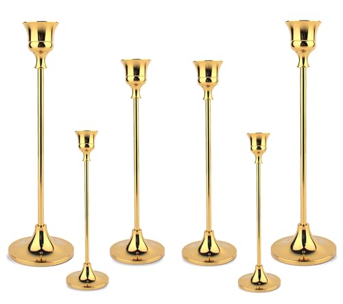 Taper Candle Holder Set of 6, Brass Gold Tall Candlestick Holders