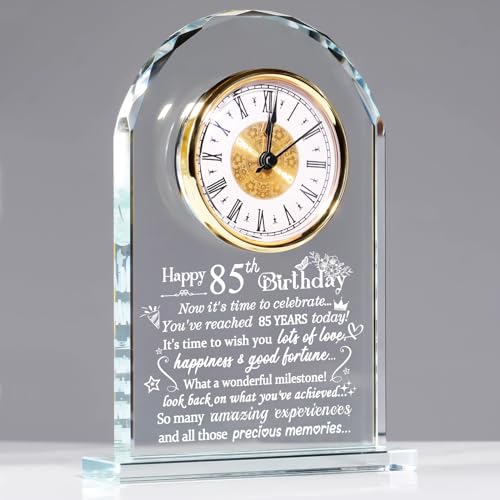 Ornalrist Happy 85th Birthday Quartz Clock Plaque Gifts for Women Men, 85 Years Old Birthday Presents for Parents Couple Wife Her, Glass Quartz Clock Plaque Home Office Desk Decor