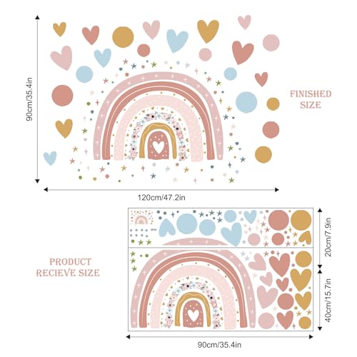 Supzone Rainbow Flower Wall Stickers - Boho Rainbow Wall Decal with Colorful Dots, Hearts, Stars for Girls Baby Nursery Bedroom Playroom DIY Vinyl Mural Art