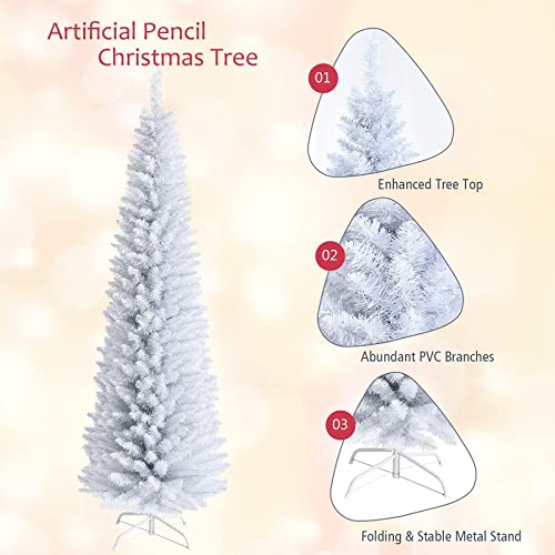 7FT White Pencil Christmas Tree, Artificial Christmas Tree w/Premium PVC Needles, Pine Tree w/Solid Metal Stand, Ideal for Home, Office, Shops, Holiday Decoration