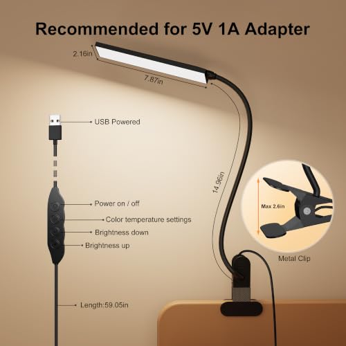 Vansuny Clip on Light LED Desk Lamp with Eye-Caring LED Light and Metal Clip, 6 Level Brightness 3 Color Modes, Power by USB Port 5W Adjustable Neck Reading Lamp for Home and Office (5W, Black)