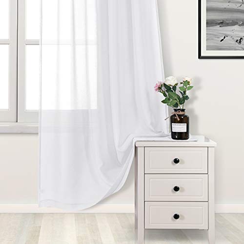 DWCN White Sheer Curtains Linen Look Semi Transparent Voile Grommet White Curtains for Living Dining Room Drapes 52 x 84 Inch Long, Set of 2 Panels