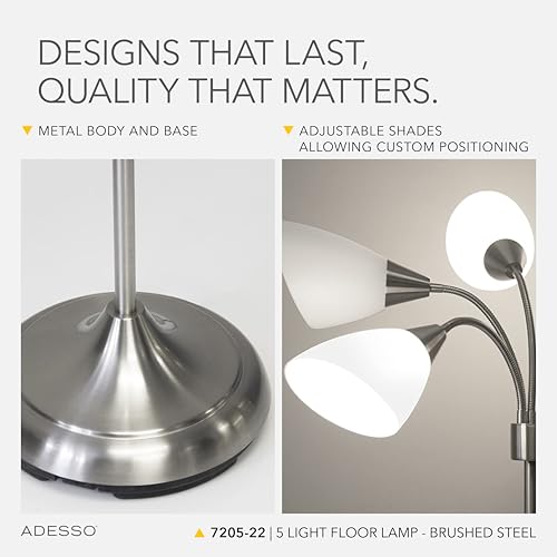 Adesso Floor Lamp with 5 Movable Shades & Adjustable Brightness, Brushed Steel Finish, Silver Perfect Lighting for Bedroom Decor, Beauty & Art Studio