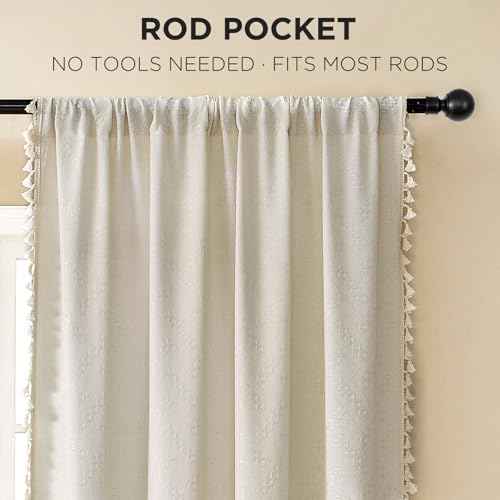 Joydeco Natural Linen Beige Boho Curtains - 84 Inch Length 2 Panels, Super Soft Bohemian Farmhouse Curtains with Tassels, Semi Sheer Light Filtering Drapes for Bedroom & Living Room