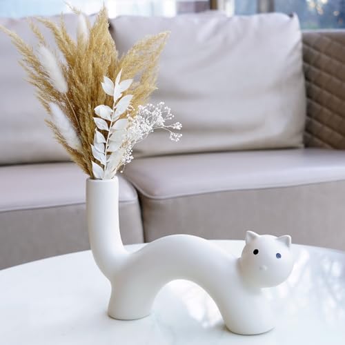 Natural Pampas Grass Dry Flower Bouquet with Boho Decorative Cute Cat Shaped Ceramic Vase for Living Room Bookshelf Dining, Modern European Minimalist Decor, Brown Pampas Bouquet and White Vase