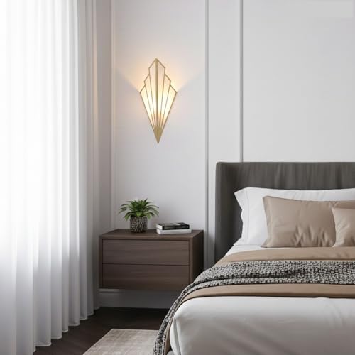 Modern Art Deco Wall Sconce, Iron Fan Shaped Wall Light Fixture, Minimalist Linen Fabric Sconce with Metal Accents, Hardwired Wall Lamp for Bedroom Living Room Hallway Corridor Parlor(Gold)