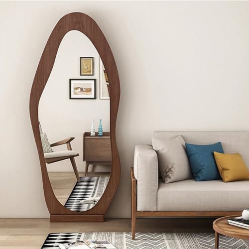 Irregular Full Length Mirror, 63" x 24" Floor or Wall Mounted, Hanging or Leaning Against Wall for Bedroom, Living Room Full Body, Brown