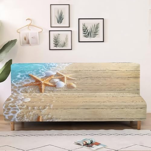 Futon Sofa Cover Starfish Wood Print Armless Couch Cover Stretch Futon Slipcover Easy to Install Futon Accent Slipcovers Dustproof Xmas Decor
