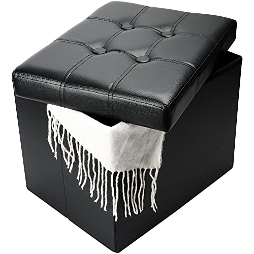 Bsketa Storage Ottoman Bench,17 Inch Folding Leather Foot Rest Stools,Black