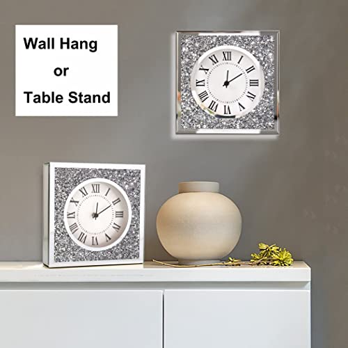 Desk Small Clocks 8x8x2 Inch Crystal Sparkle Twinkle Bling Square Crushed Diamond Mirrored Table Top Decorative Clock for Home Decoration Silver Mirror Home Decor. AA Battery is not included.