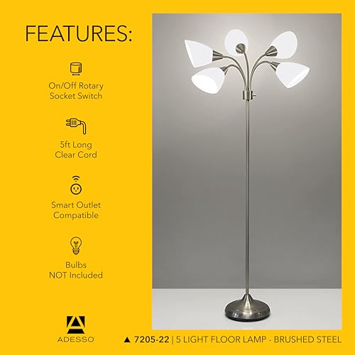 Adesso Floor Lamp with 5 Movable Shades & Adjustable Brightness, Brushed Steel Finish, Silver Perfect Lighting for Bedroom Decor, Beauty & Art Studio