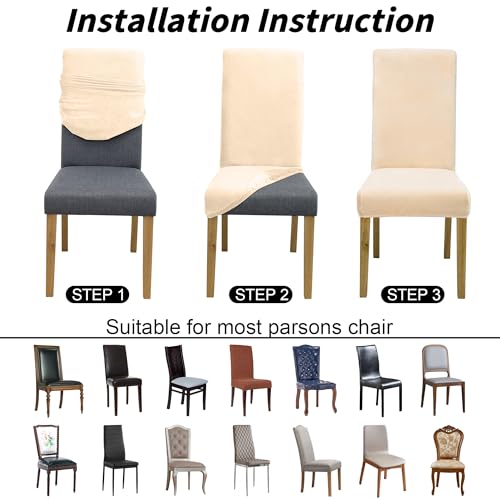 Velvet Dining Chair Covers,Dining Room Chair Covers Set of 6,Stretch Kitchen Chair Cover,Soft Washable Dining Chair Cover,Parsons Chair Slipcovers Protective,for Home,Restaurant,Banquet(Cream)