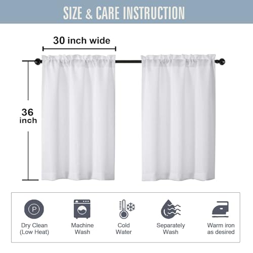 White Kitchen Curtains Tier 36 Inch Length 2 Panels, Faux Linen Textured Light Filtering Short Curtains Drapes for Bathroom Basement Half Window, Rod Pocket Design, White, Each 30Wx36L Inch