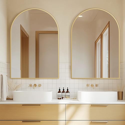 Arched Bathroom Mirror for Wall, 36" x 24" Gold Metal Frame Vanity Mirror, HD Glass Over Sink for Bathroom, Entryway, Bedroom