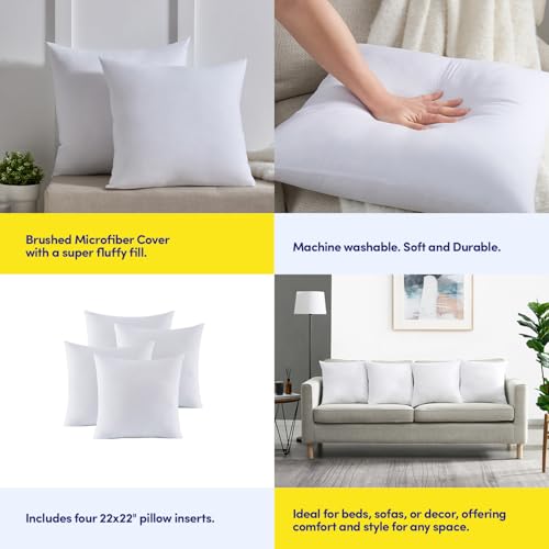 22X22 Pillow Inserts - Throw Pillow Set - Cushion Inserts for Decorative Throw Pillows Covers - Soft & Supportive Pillows for Couch, Sofa, Bed, or Chair, 4 Pack - 22" x 22"