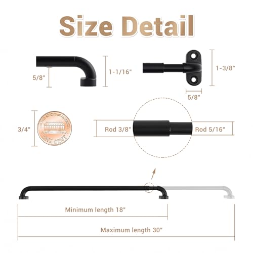 1 Pack French Door Curtain Rod Adjustable 18-30 Inch, 3/8 In. Diameter, Cafe Curtain Rod, Sash Curtain Rods for Door Window (Black)