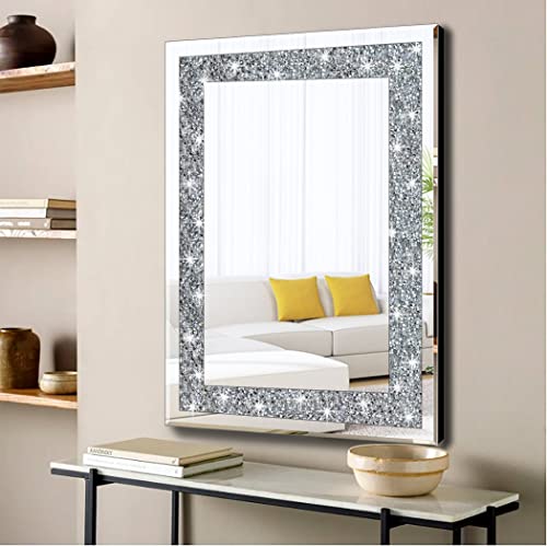QMDECOR Crystal Crush Diamond Rectangle Silver Mirror for Wall Decoration 24x32inch Wall Hang Frameless Mirror Acrylic Diamond Decor.