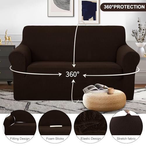 U-NICE HOME Loveseat Cover Stretch Couch Cover Sofa Slipcover, Chocolate | Furniture protector, 2 Cushion Sofa, 1-Piece Sofa cover, Washable, Pet friendly, Polyester Spandex Jacquard fabric
