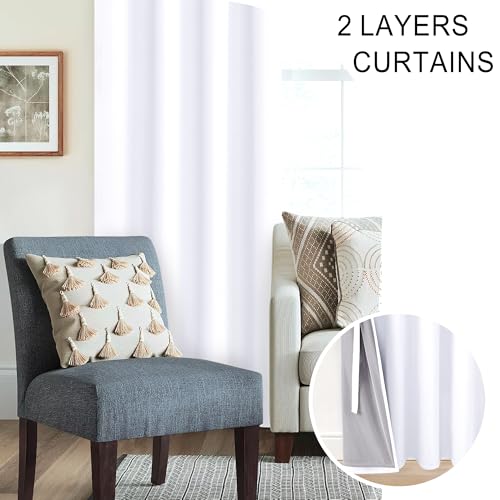 XWZO 100% Blackout Curtains 63 Inches Length with Tiebacks- Full Shade Window Drapes Thermal Insulated Double Layer with Black Liner for Bedroom/Living Room, Grommet Top, White, W52 x L63, Set of 2