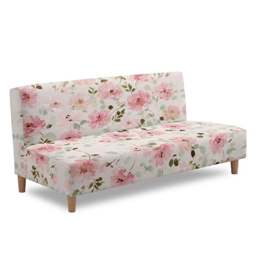 Futon Cover Pink Floral Armless Sofa Cover Stretch Futon Slipcovers for Home Decor Washable Furniture Protector Covers with Elastic Bottom