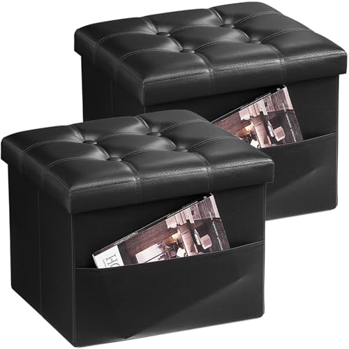 Bsketa Storage Ottoman Bench, 16" Folding Leather Foot Rest, Black 2 Pack