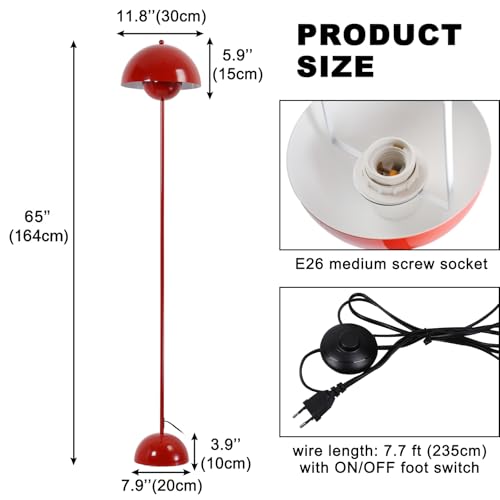 Modern Floor Lamp for Living Room, Industrial Tall Standing Lamp for Bedroom, Metal Shade Reflecting Light Reading Floor Lamp for Office, Nursery Room, Corner(Dark Red)