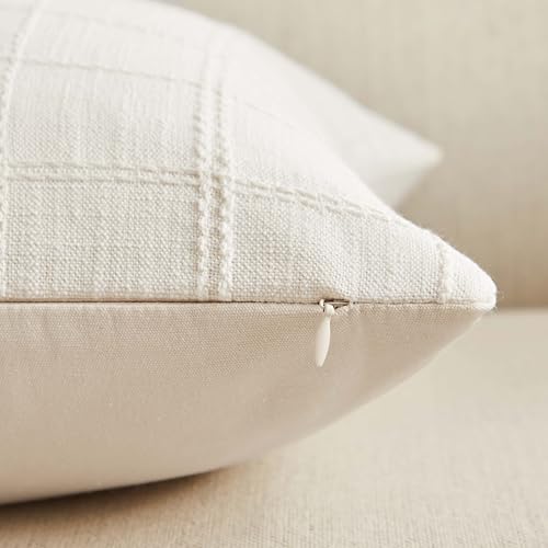 ZeeMart Linen Checked Throw Pillow Covers Set of 2, 18x18 Inch Ivory/Cream, Farmhouse Decorative Single Sided Grid Embroidered Couch Pillow Cases Off White Cotton Linen Cushion Covers