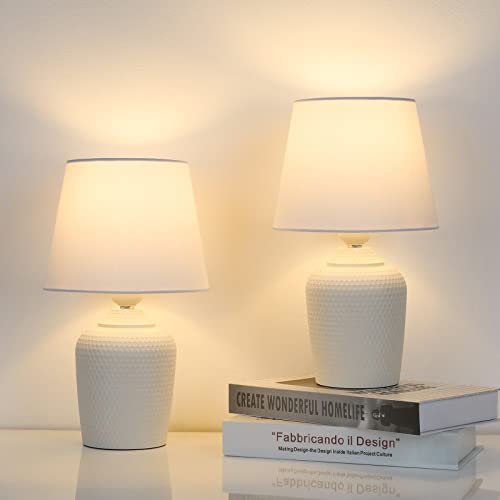 Small 11.8" Table Lamps Set of 2, Bedside Nightstand Lamps for Bedroom Kid’s Room, Cute Desk Lamps with Studded Texture Base for Reading Nursery Living Room Office, White