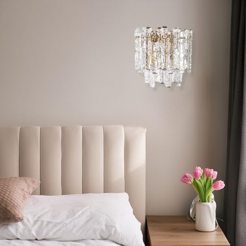 Wall Light, Luxury Crystal Wall Sconce, Gold Metal and Clear Textured Glass Ice Block Lamp, E14 3-Light 3-Color Dimmable LED Fixture for Bedroom Living Room Hallway Dining Room Parlor