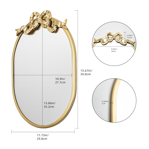 SANY DAYO HOME Wall Hanging 16″ x 12″ Gold Metal Framed Oval Mirror with Decorative Bow, Modern Farmhouse Real Glass Accent Mirror for Vanity, Bathroom, Entryway