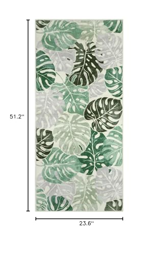 Wonnitar Monstera Leaf 2x4.3 Bathroom Runner Rug, Washable Non-Slip Bath Rug Runner, Coastal Green Soft Laundry Room Carpet, Low Pile Floor Carpet for Bedroom Entry Kitchen