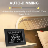Johnziny 8 Inch Digital Calendar Day Clocks for Seniors-8 Alarms, Auto-Dim, Digital Clock Large Display Date and Day,Dementia Clocks for Seniors,Electronic Calendar with Large Number Black