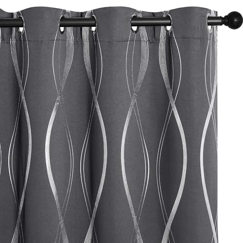 NICETOWN Grey Blackout Striped Pattern Curtains for Living Room 84 inch Long 2 Panels Set, Noise Reducing Thermal Insulated Wave Line Foil Print Bedroom Drapes for Patio Sliding Glass Door (52 x 84)